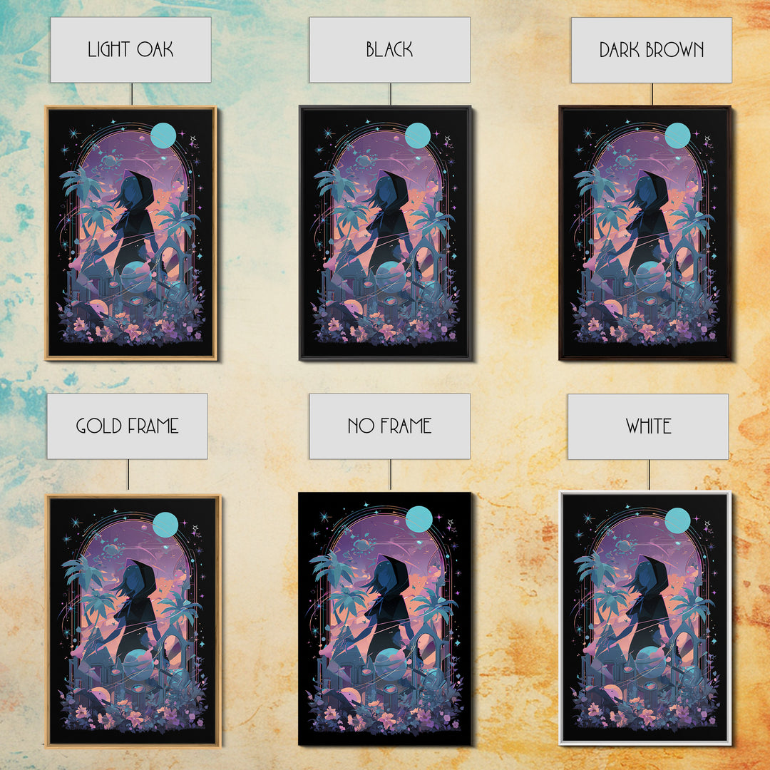 The Widow Of The Whispering Comet, Cosmic Synthwave Horror, Vertical Wall Art, Canvas Print, Retro Halloween Decor, Neon Wall Art