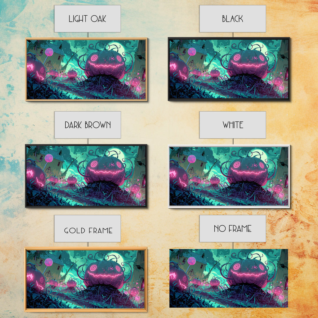 The Harvest Of The Eldritch Field, 80s Halloween Wall Art, Wide Panoramic Art, Canvas Print, Retro Halloween Decor, Neon Wall Art