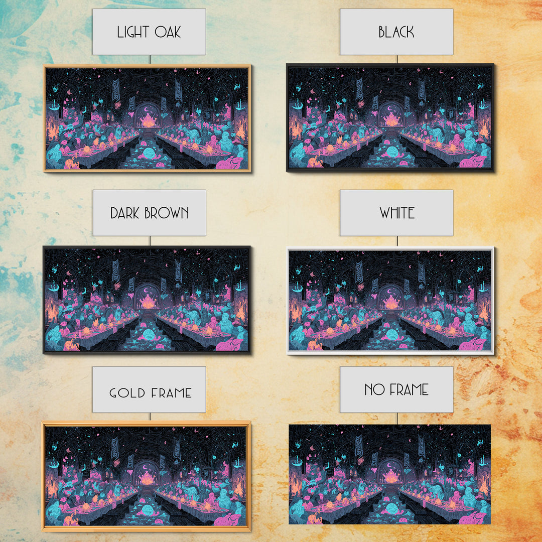 The Feast Of The Pale Cult, Synthwave Halloween Art, Wide Panoramic Art, Canvas Print, Retro Halloween Decor, Neon Wall Art