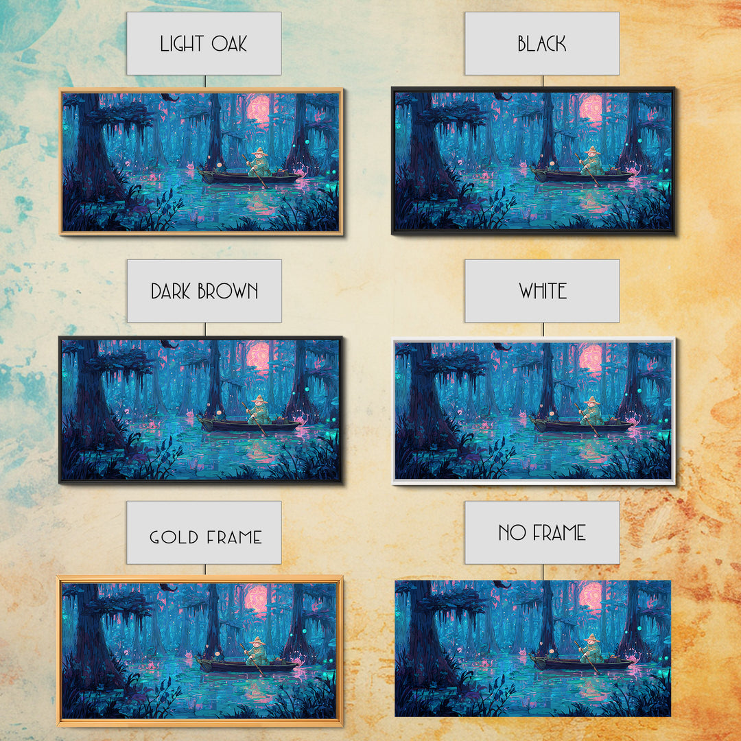 The Ferryman Of The Outer Marsh, 80s Halloween Wall Art, Wide Panoramic Art, Canvas Print, Retro Halloween Decor, Neon Wall Art