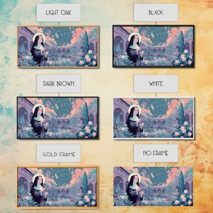 The Nun Of The Endless Constellation, Synthwave Halloween Art, Wide Panoramic Art, Framed Canvas Print, Retro Halloween Decor, Neon Wall Art