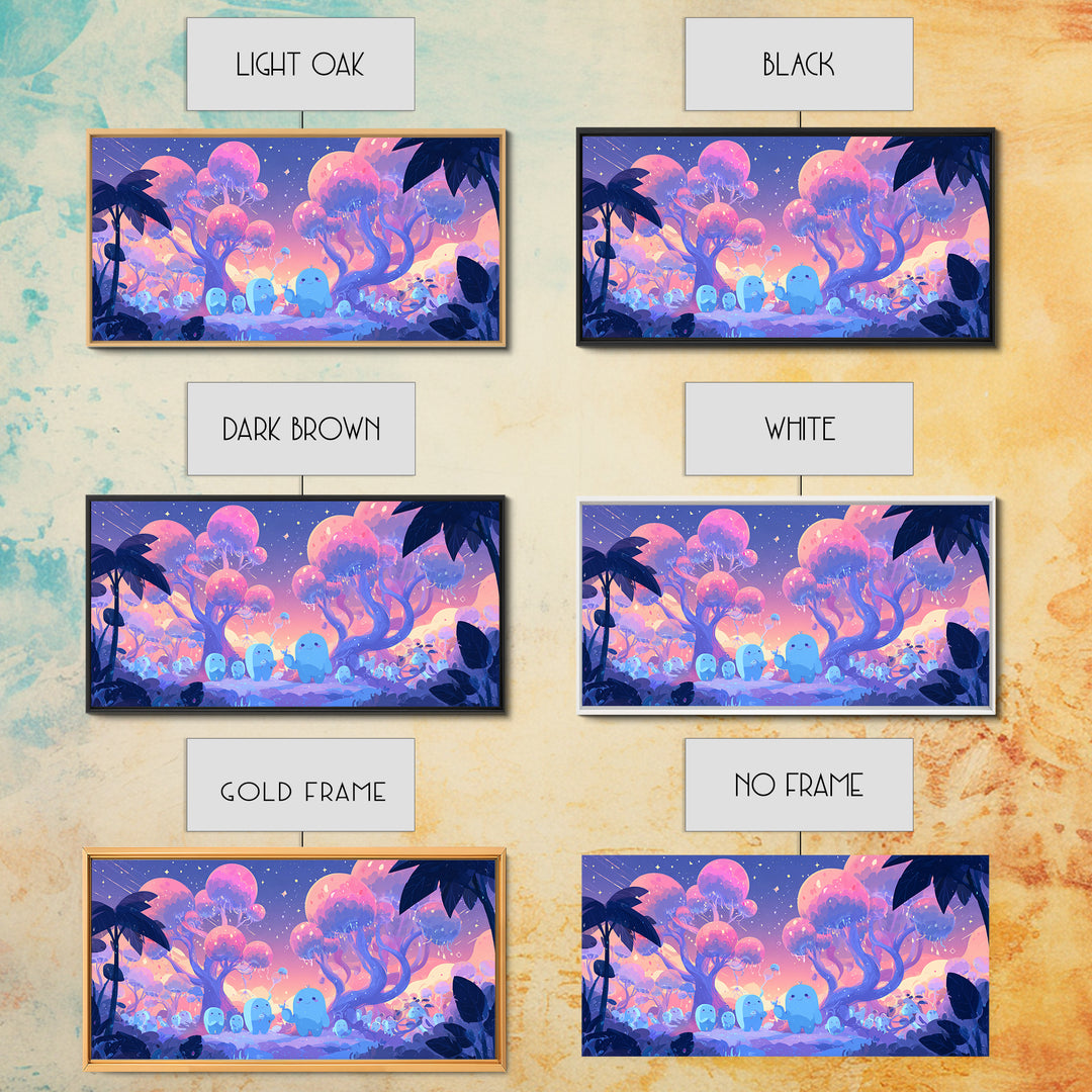 The Children Of The Star Orchard, Vaporwave Halloween Decor, Wide Panoramic Art, Framed Canvas Print, Retro Halloween Decor, Neon Wall Art