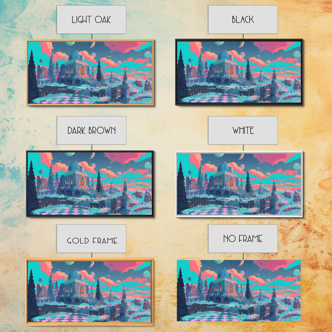 The Candelit Ark Of Forgotten Stars, Cosmic Synthwave Horror, Wide Panoramic Art, Framed Canvas Print, Retro Halloween Decor, Neon Wall Art