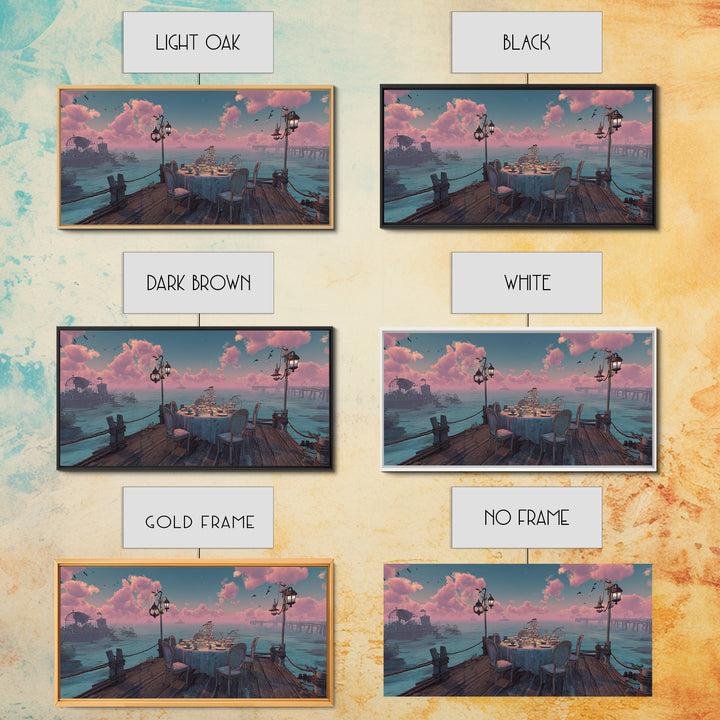 The Tea Party At Innsmouth Pier, Cute Eldritch Neon Art, Wide Panoramic Art, Canvas Print, Retro Halloween Decor, Neon Wall Art
