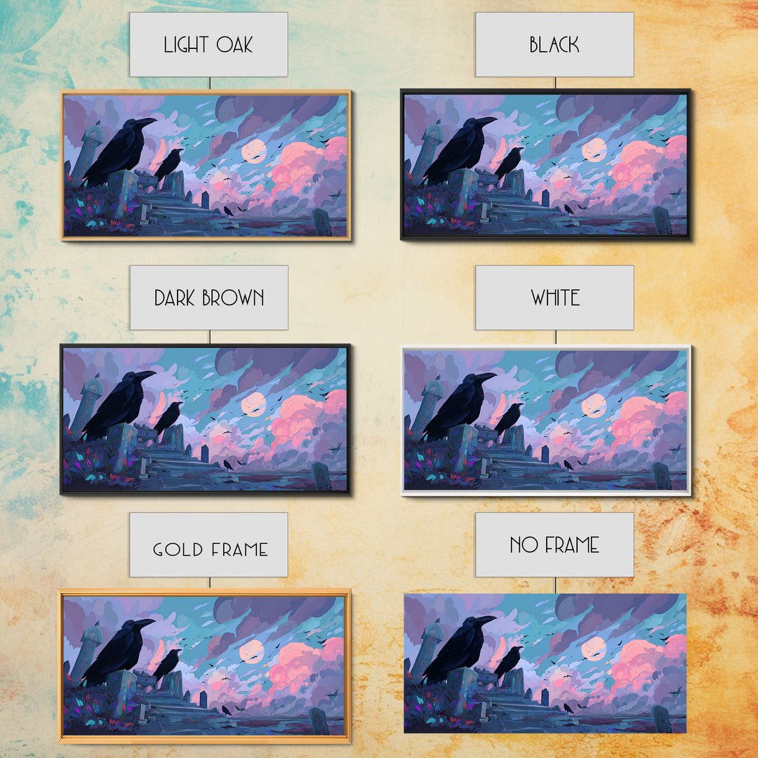The Raven Sermon Of Leng, Cute Eldritch Neon Art, Wide Panoramic Art, Framed Canvas Print, Retro Halloween Decor, Neon Wall Art