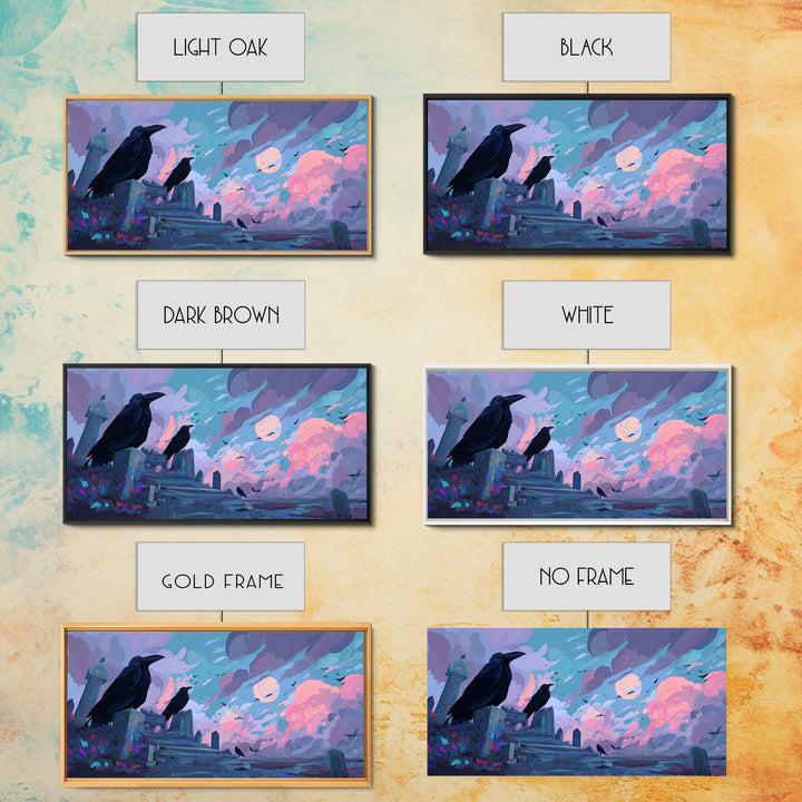 The Raven Sermon Of Leng, Cute Eldritch Neon Art, Wide Panoramic Art, Framed Canvas Print, Retro Halloween Decor, Neon Wall Art