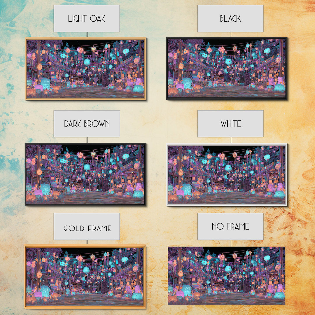 The Festival Of The Little Old Ones, Cute Eldritch Neon Art, Wide Panoramic Art, Canvas Print, Retro Halloween Decor, Neon Wall Art
