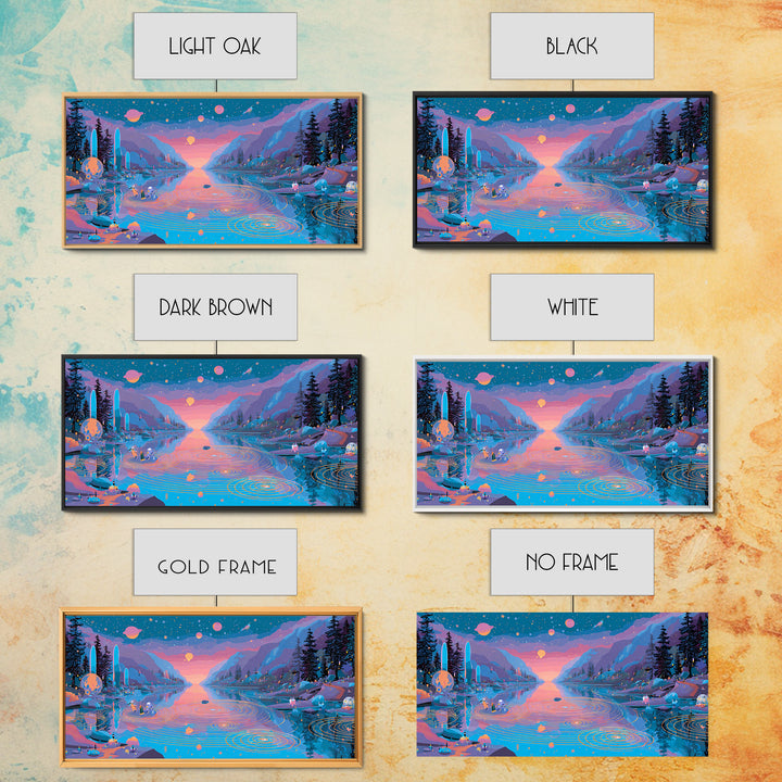 The Mirror Lake Of Lost Constellations, Synthwave Halloween Art, Wide Panoramic Art, Framed Canvas Print, Retro Halloween Decor