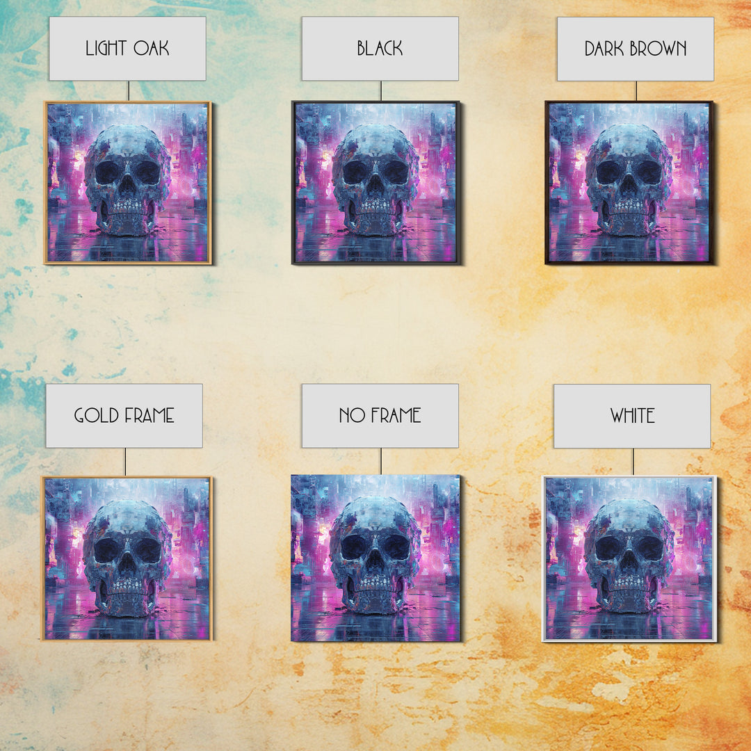 Cyberpunk Skull with Chrome and Violet Light Canvas Print, Cyberpunk Art, Art Print, Living Room Decor, Fine Art, Neon, CYB-1x1-20