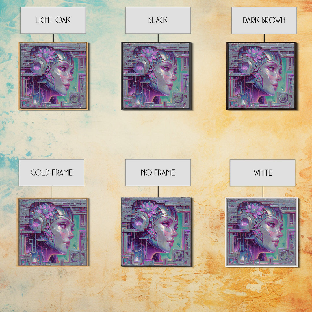 Android Woman with Glowing Circuitry and Flowers Canvas Print, Cyberpunk Art, Blue Wall Art, Living Room Decor, Neon, CYB-1x1-27