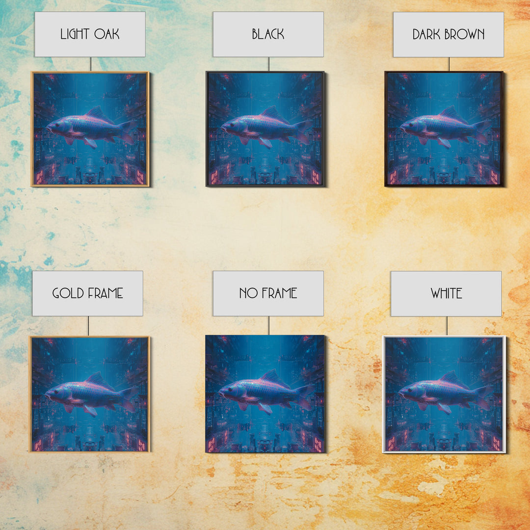 Cyberpunk Koi Swimming Through Electric Blue Water Canvas Print, Cyberpunk Art, Fine Art Print, Living Room Decor, Neon, CYB-1x1-5