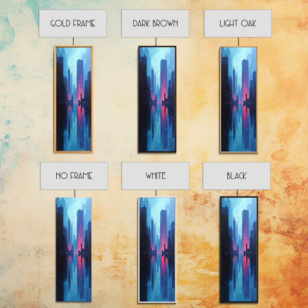 Neon Skyline Reflected Framed Canvas Print, Cyberpunk Art, Modern Wall Decor, Living Room Decor, Abstract Art, Neon, CYB-1x3-58
