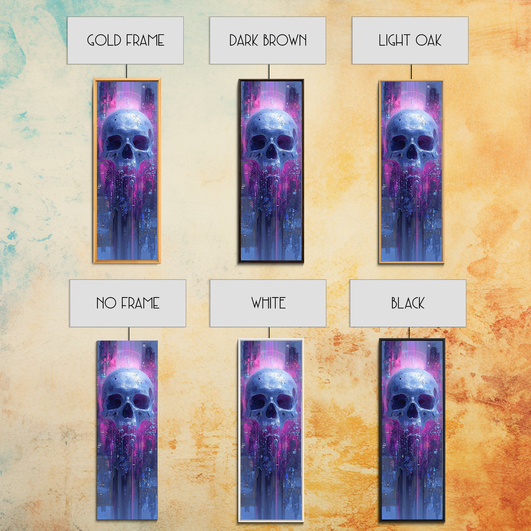 Cyberpunk Skull with Chrome and Violet Light Framed Canvas Print, Cyberpunk Art, Contemporary Art, Living Room Decor, Neon, CYB-1x3-8