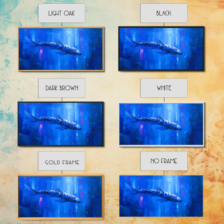 Cyberpunk Koi Swimming Through Electric Blue Water Canvas Print, Cyberpunk Art, Japanese Wall Art, Living Room Decor, Neon, CYB-2x1-49