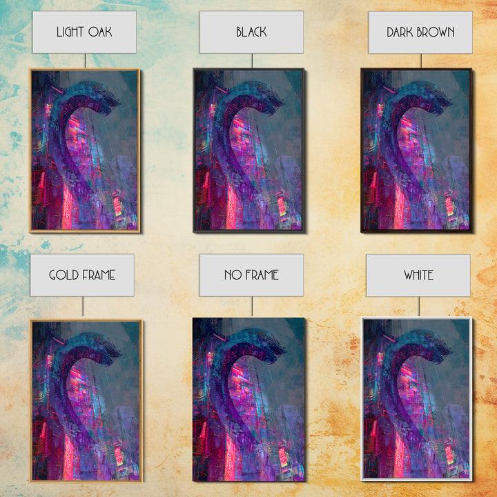 Neon Dragon Wrapped Around Skyscraper Shapes Framed Canvas Print, Cyberpunk Art, Poster, Living Room Decor, Fine Art, Neon, CYB-2x3-22
