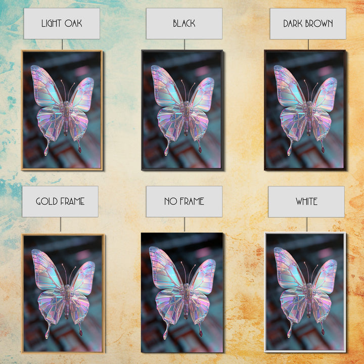 Holographic Butterfly over Black Metal Surface Canvas Print, Cyberpunk Art, Home Decor, Living Room Decor, Fine Art, Neon, CYB-2x3-27