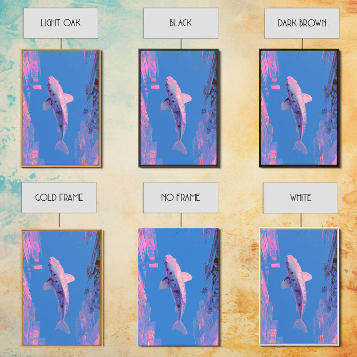 Cyberpunk Koi Swimming Through Electric Blue Water Framed Canvas Print, Cyberpunk Art, Movie Posters, Living Room Decor, Neon, CYB-2x3-37