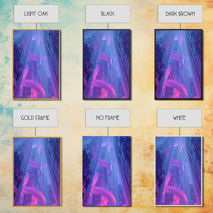 Neon Dragon Wrapped Around Skyscraper Shapes Framed Canvas Print, Cyberpunk Art, Poster, Living Room Decor, Fine Art, Neon, CYB-2x3-46