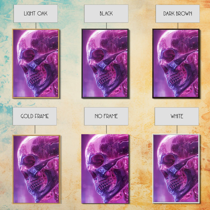 Cyberpunk Skull with Chrome and Violet Light Framed Canvas Print, Cyberpunk Art, Poster, Living Room Decor, Fine Art, Neon, CYB-2x3-52