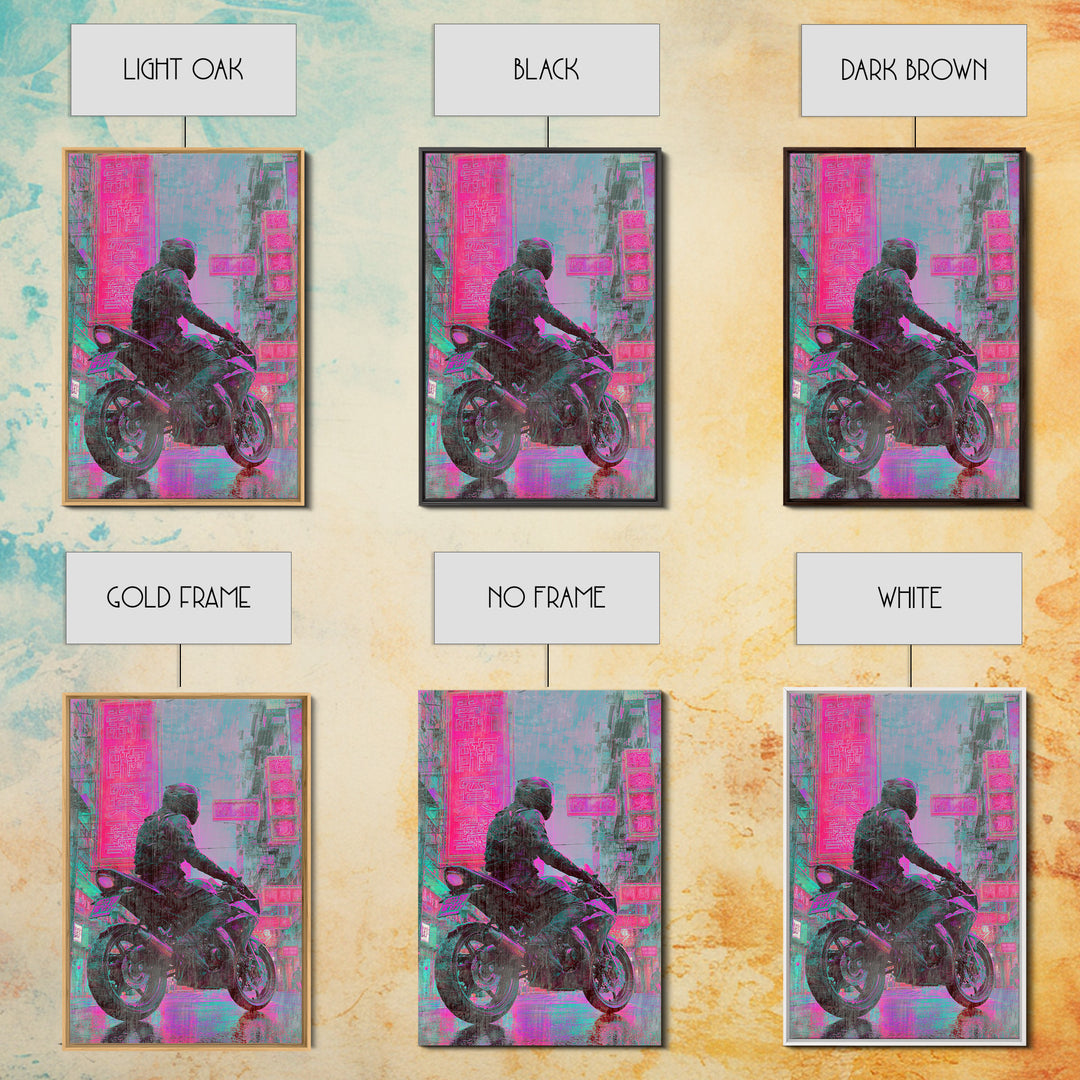 Motorcycle Rider under Holographic Signs Framed Canvas Print, Cyberpunk Art, Gothic Decor, Living Room Decor, Fine Art, Neon, CYB-2x3-60