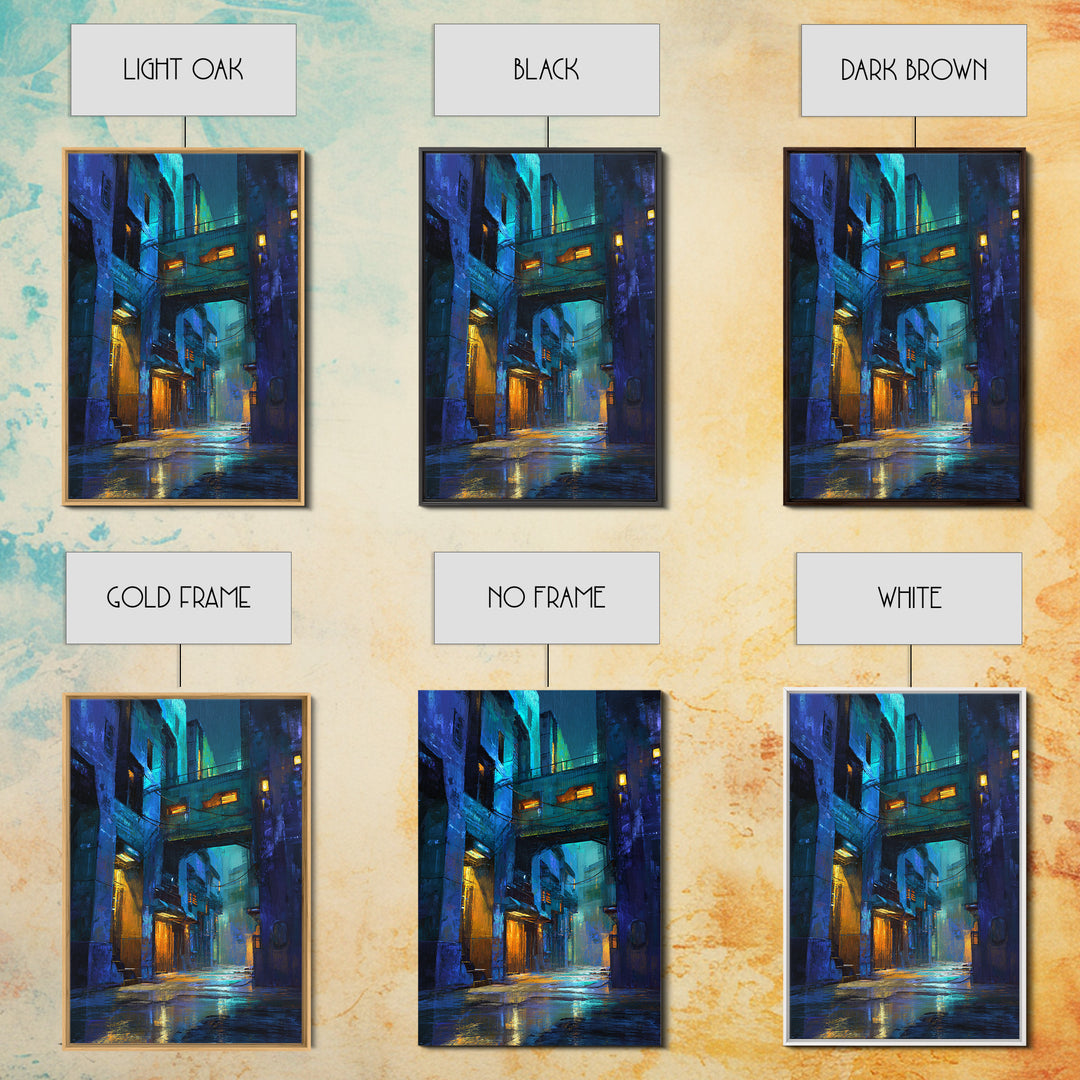 Rain Soaked Alley Framed Canvas Print, Cyberpunk Art, Art Print, Living Room Decor, Abstract Art, Neon, Blue Wall Art, CYB-2x3-64