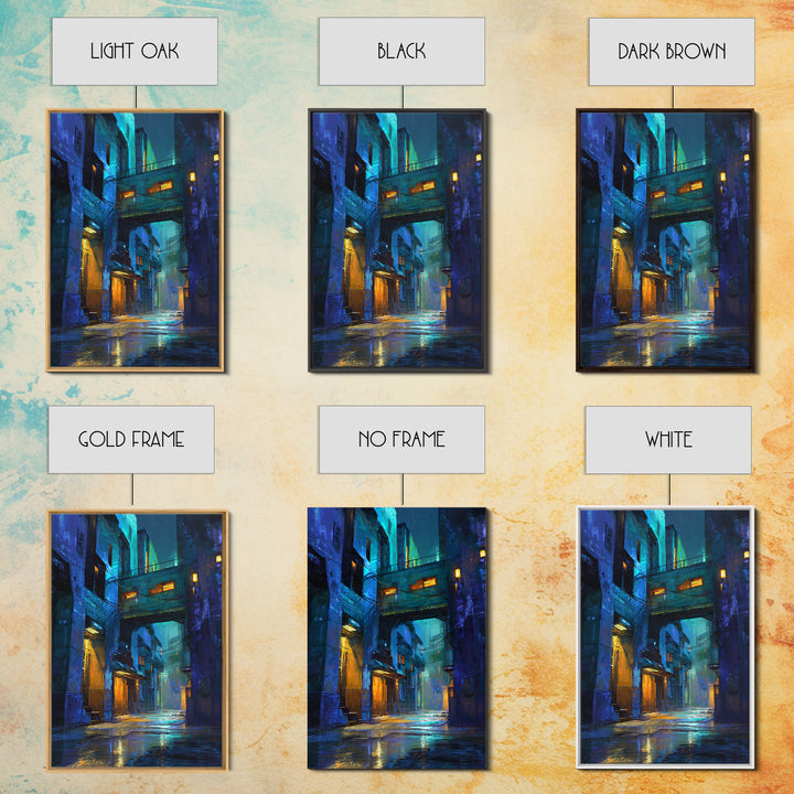 Rain Soaked Alley Framed Canvas Print, Cyberpunk Art, Art Print, Living Room Decor, Abstract Art, Neon, Blue Wall Art, CYB-2x3-64