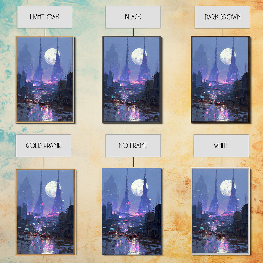 Dystopian Moon over Dense Rooftops Framed Canvas Print, Cyberpunk Art, Digital Wall Art, Living Room Decor, Watercolor Art, CYB-2x3-74