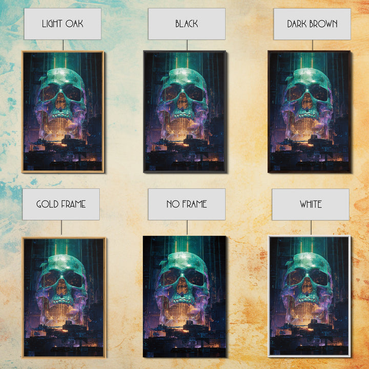 Cyberpunk Skull with Chrome and Violet Light Framed Canvas Print, Cyberpunk Art, Urban Wall Art, Living Room Decor, Neon, CYB-2x3-76