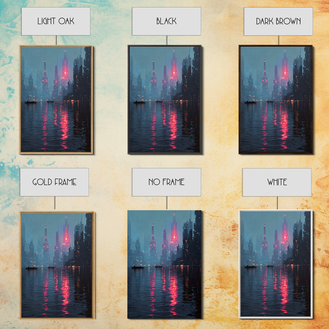 Neon Skyline Reflected Framed Canvas Print, Cyberpunk Art, Gothic Decor, Living Room Decor, Abstract Art, Neon, CYB-2x3-78