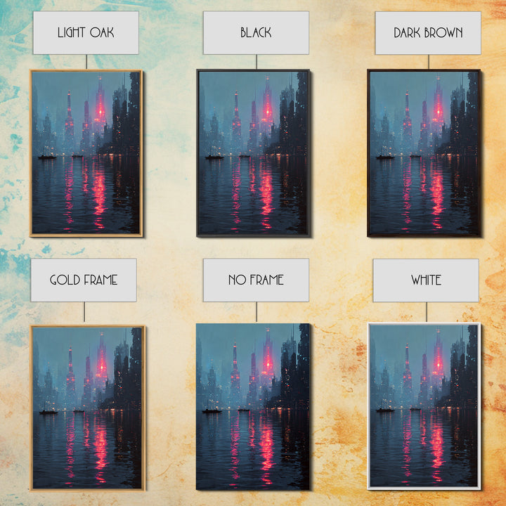 Neon Skyline Reflected Framed Canvas Print, Cyberpunk Art, Gothic Decor, Living Room Decor, Abstract Art, Neon, CYB-2x3-78