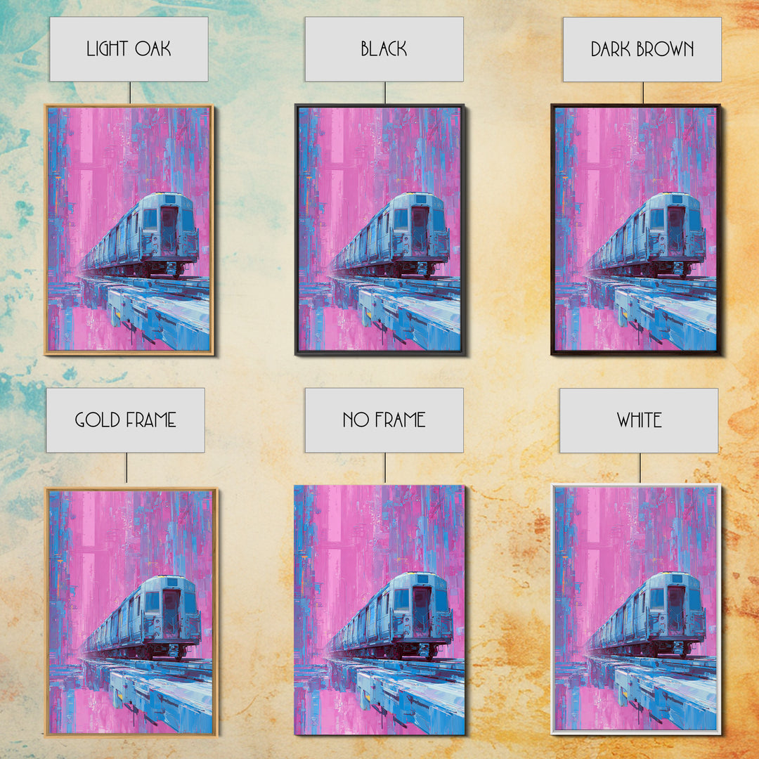 City Train Rushing Through Pink Electric Haze Framed Canvas Print, Cyberpunk Art, Cool Wall Art, Living Room Decor, Neon, CYB-2x3-93