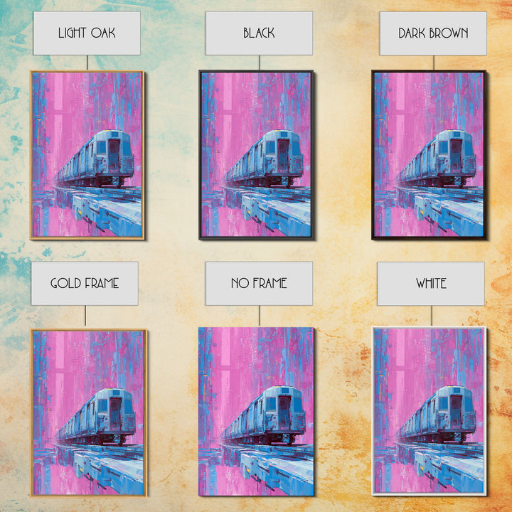 City Train Rushing Through Pink Electric Haze Framed Canvas Print, Cyberpunk Art, Cool Wall Art, Living Room Decor, Neon, CYB-2x3-93