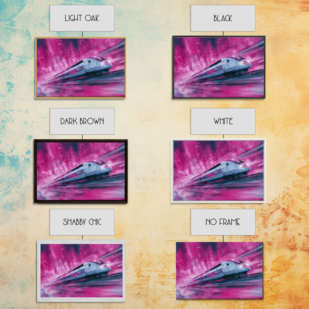 City Train Rushing Through Pink Electric Haze Canvas Print, Cyberpunk Art, Modern Wall Decor, Living Room Decor, Neon, CYB-3x2-65