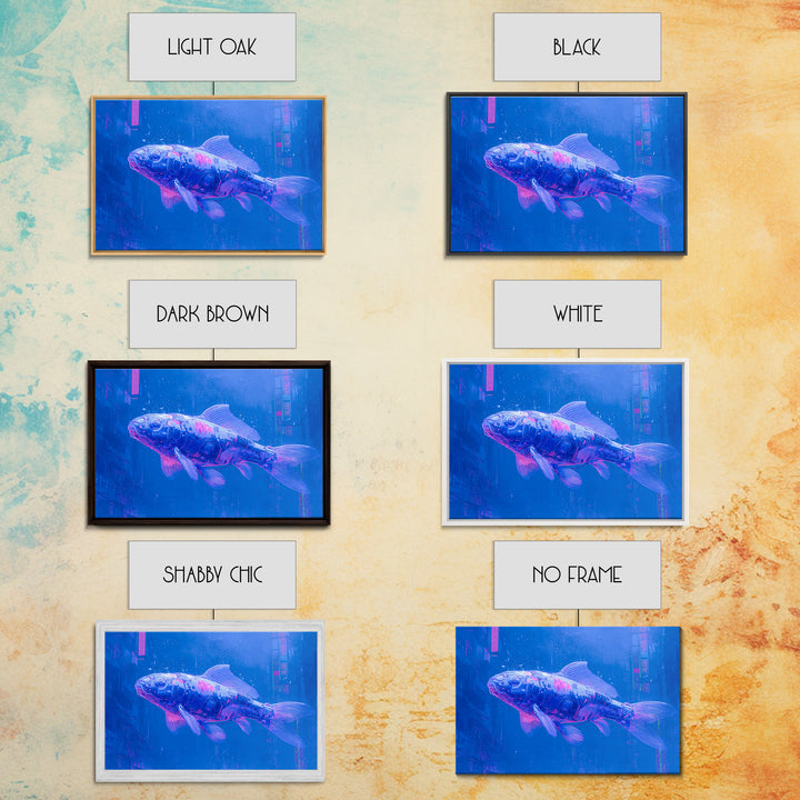 Cyberpunk Koi Swimming Through Electric Blue Water Framed Canvas Print, Cyberpunk Art, Fine Art Print, Living Room Decor, Neon, CYB-3x2-81