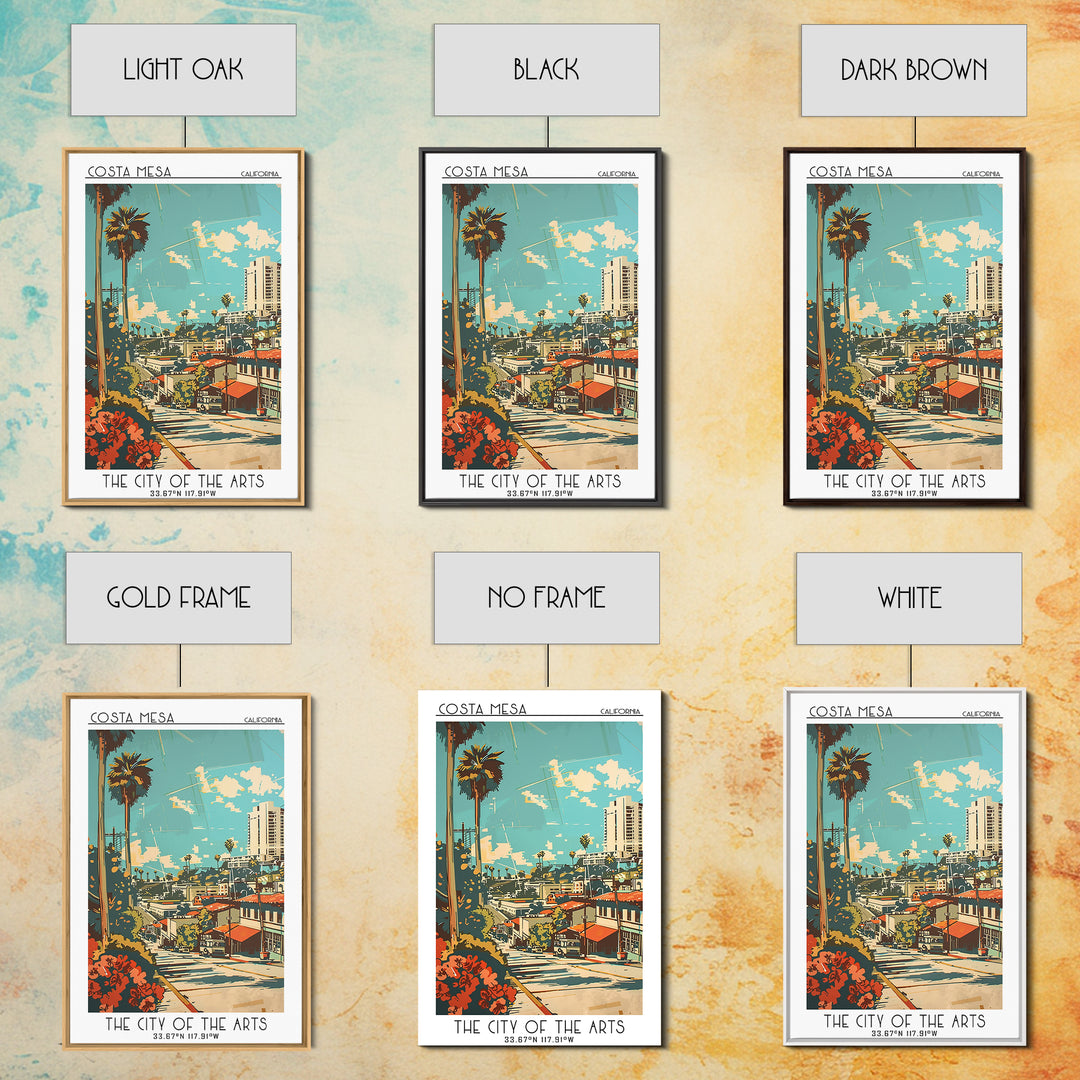Costa Mesa California Travel Poster, Framed Canvas Print, Travel Prints, Landscape Art, Retro Wall Art, Art Print, City Illustration