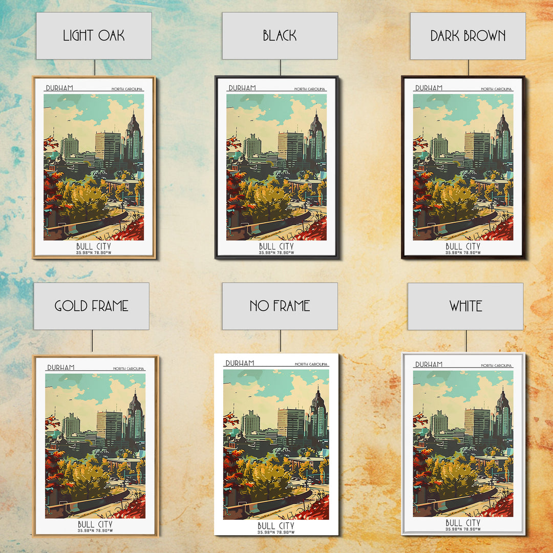Durham Travel Poster, Framed Canvas Print, Travel Wall Art, City Wall Art, Watercolor Cityscape, Modern Wall Decor, Gallery Wall Set