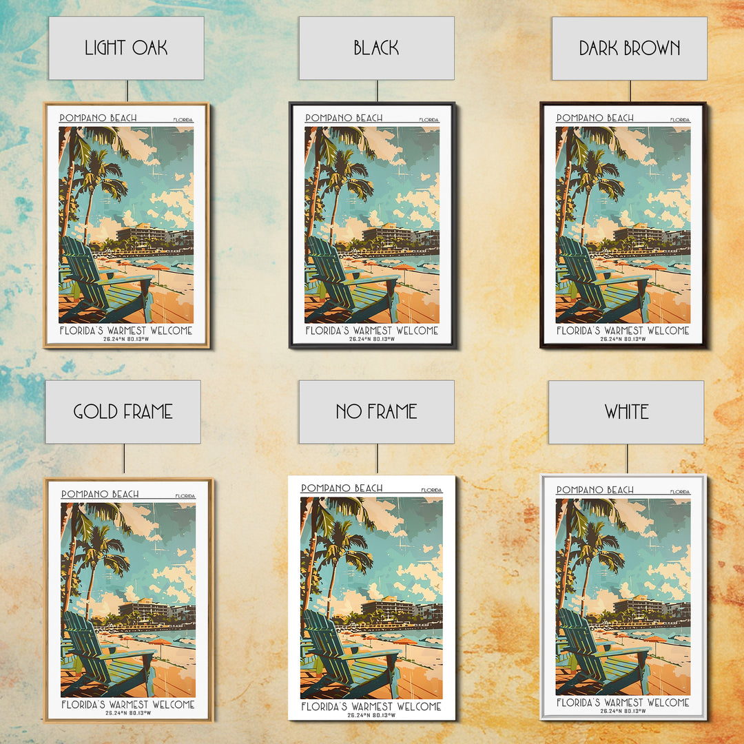 Pompano Beach Travel Poster, Framed Canvas Print, Retro Wall Art, Travel Print, City Illustration, Minimalist Poster, Vintage Travel