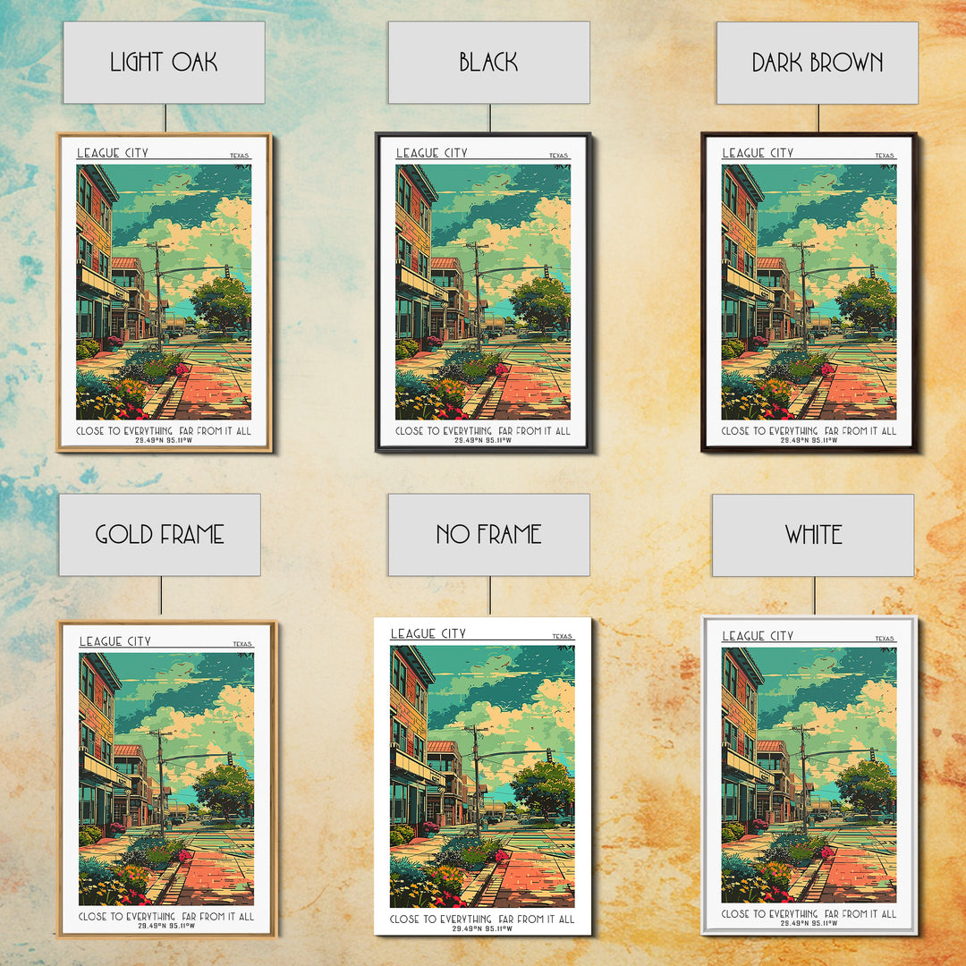 League City Travel Poster, Framed Canvas Print, City Art Print, Travel Wall Art, Landscape Art, Colorful Wall Art, City Illustration