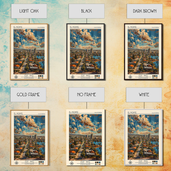 El Monte Travel Poster, Framed Canvas Print, Retro Wall Art, Travel Print, Modern Wall Decor, Watercolor Cityscape, Travel Art Print