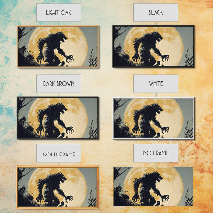The Moon-Cursed Werewolf, Macabre Folk Print Art, Wide Panoramic Art, Dark Fantasy Wall Art, Framed Canvas Print