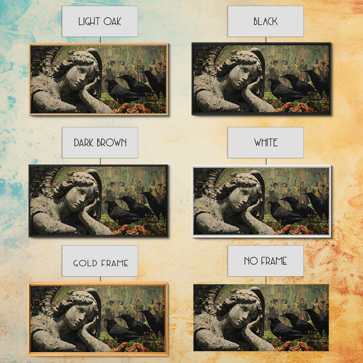The Weeping Cemetery Angel, Grotesque Carnival Art, Wide Panoramic Art, Dark Halloween Decor, Framed Canvas Print, Halloween Wall Art