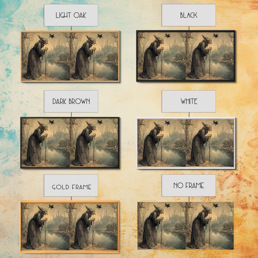 The Swamp Witch, Northern Renaissance Horror, Wide Panoramic Art, Dark Halloween Decor, Canvas Print, Halloween Wall Art