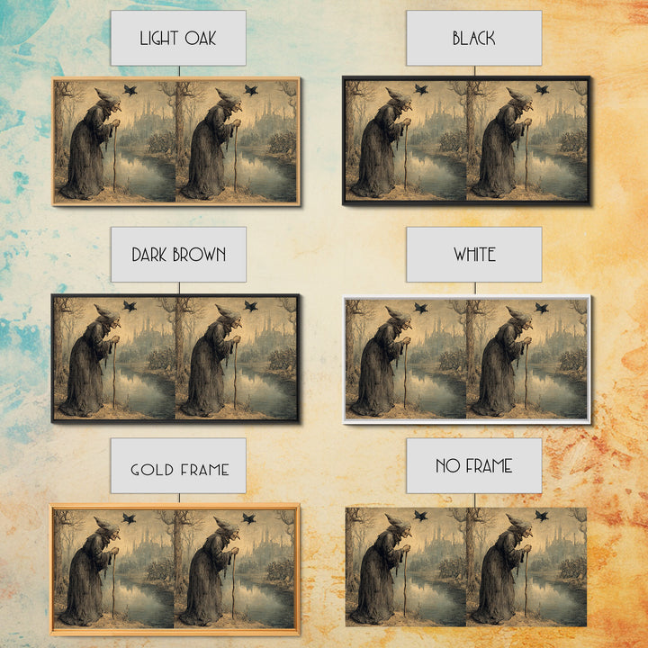 The Swamp Witch, Northern Renaissance Horror, Wide Panoramic Art, Dark Halloween Decor, Canvas Print, Halloween Wall Art