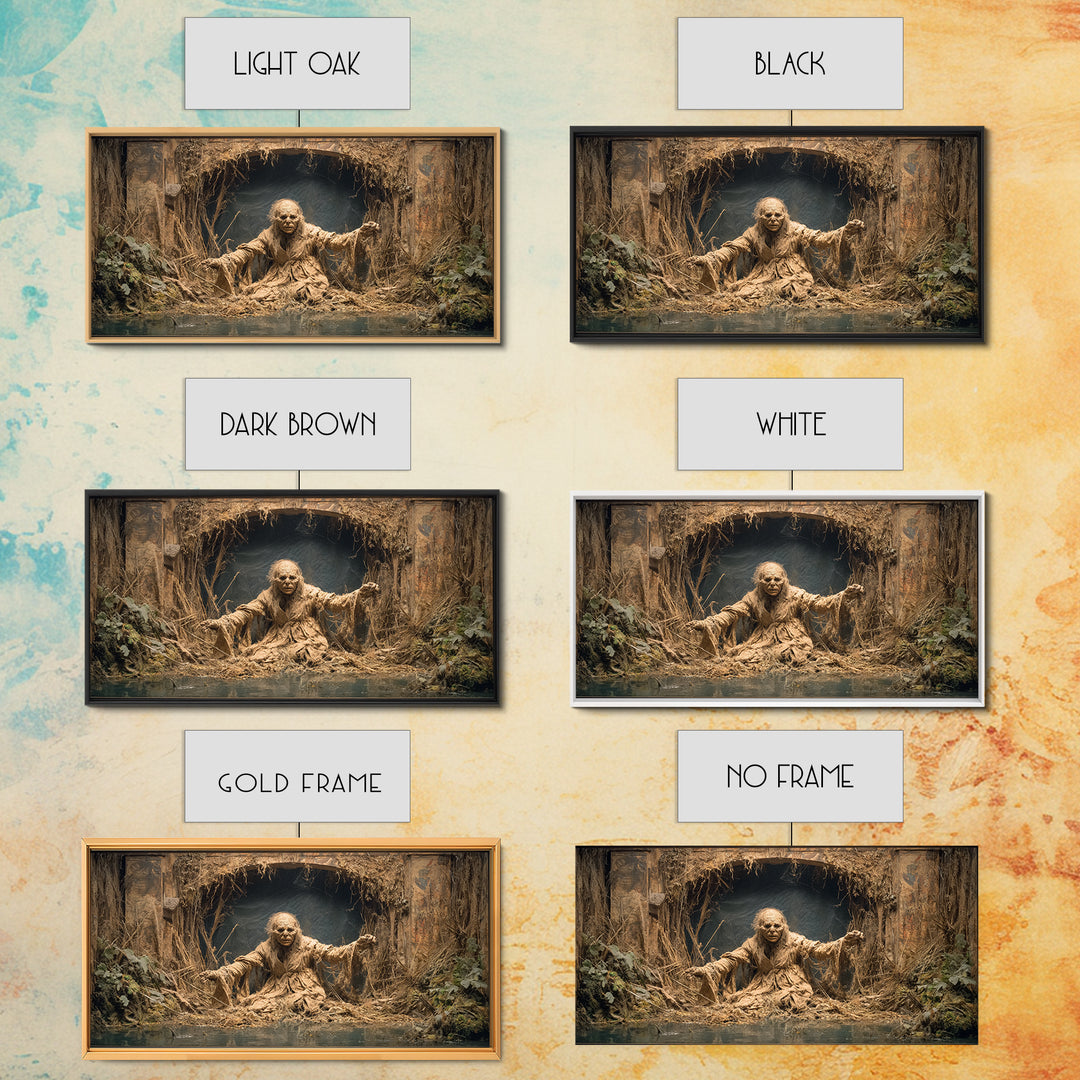 The Bog Mummy, Northern Renaissance Horror, Wide Panoramic Art, Dark Halloween Decor, Canvas Print, Halloween Wall Art