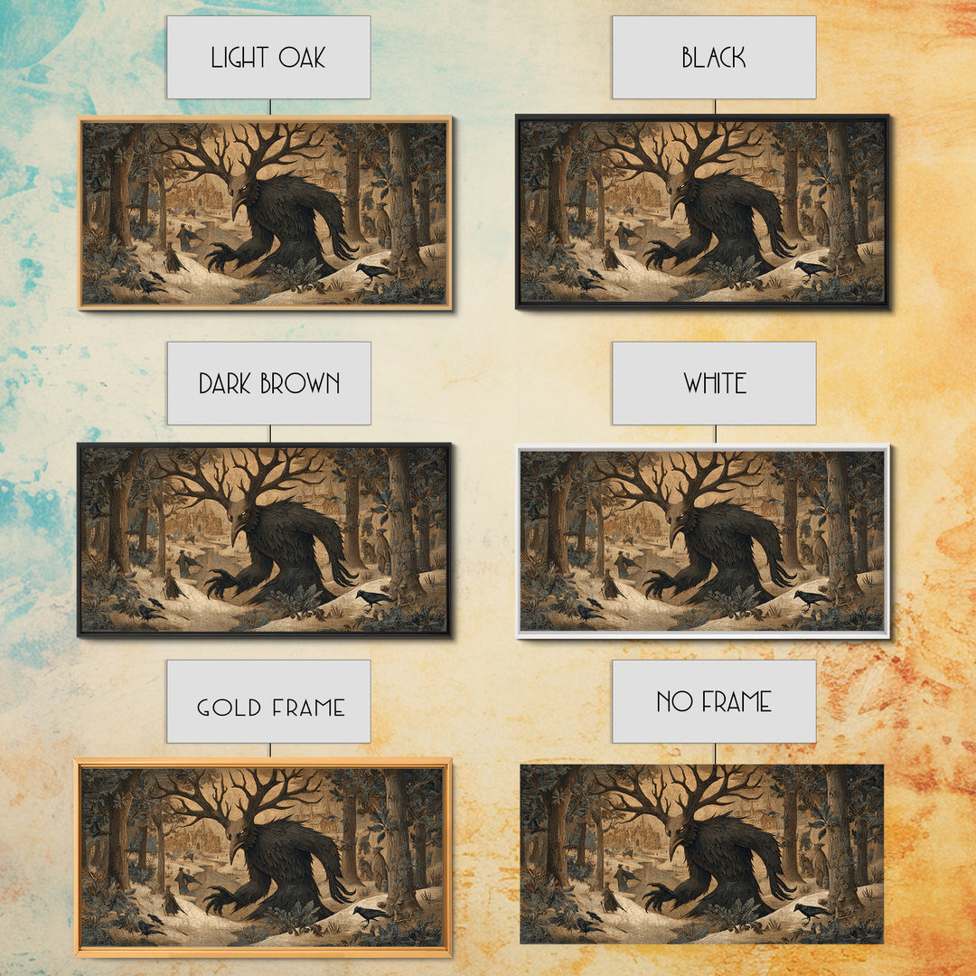 The Antlered Forest Spirit, Northern Renaissance Horror, Wide Panoramic Art, Macabre Wall Art, Canvas Print, Halloween Wall Art