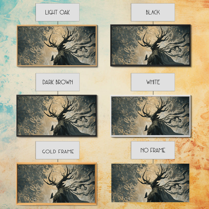 The Antlered Forest Spirit, Visionary Gothic Art, Wide Panoramic Art, Dark Fantasy Wall Art, Canvas Print, Halloween Wall Art