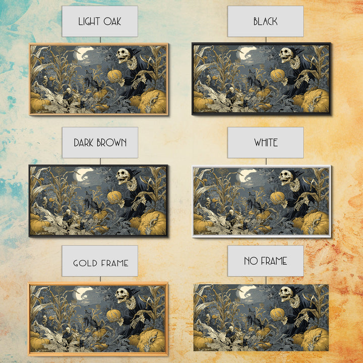 The Pumpkin Patch Goblin, Macabre Folk Print Art, Wide Panoramic Art, Dark Halloween Decor, Framed Canvas Print
