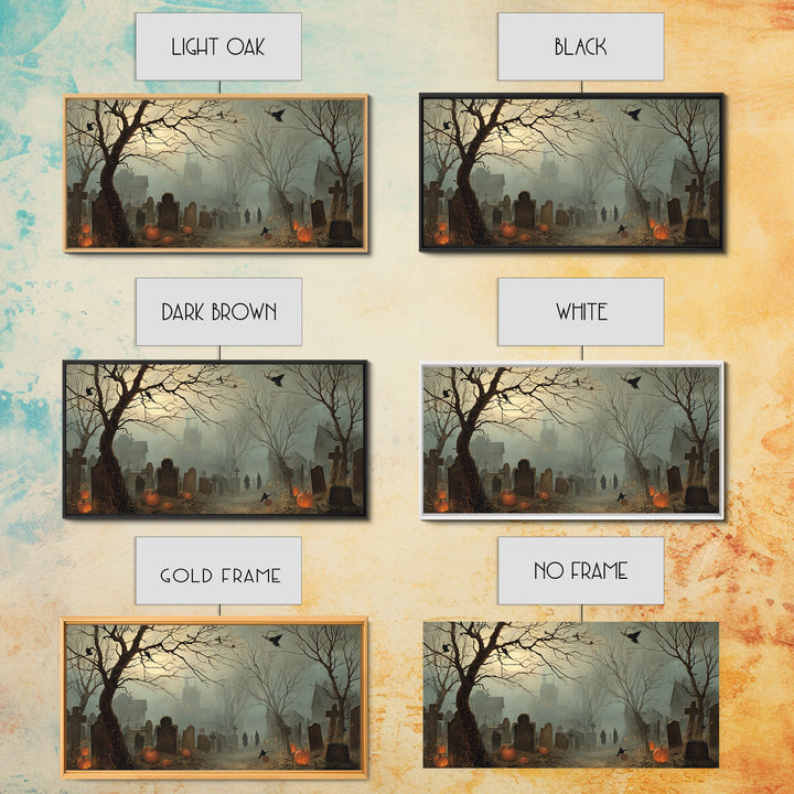 The Moonlit Cemetery, Northern Renaissance Horror, Wide Panoramic Art, Gothic Horror Wall Art, Framed Canvas Print