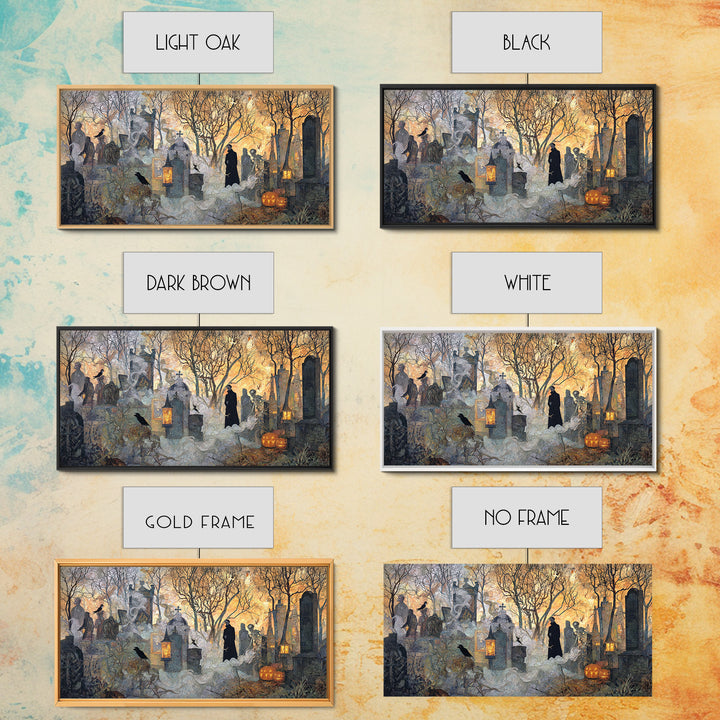 The Moonlit Cemetery, Grotesque Carnival Art, Wide Panoramic Art, Gothic Horror Wall Art, Framed Canvas Print, Halloween Wall Art
