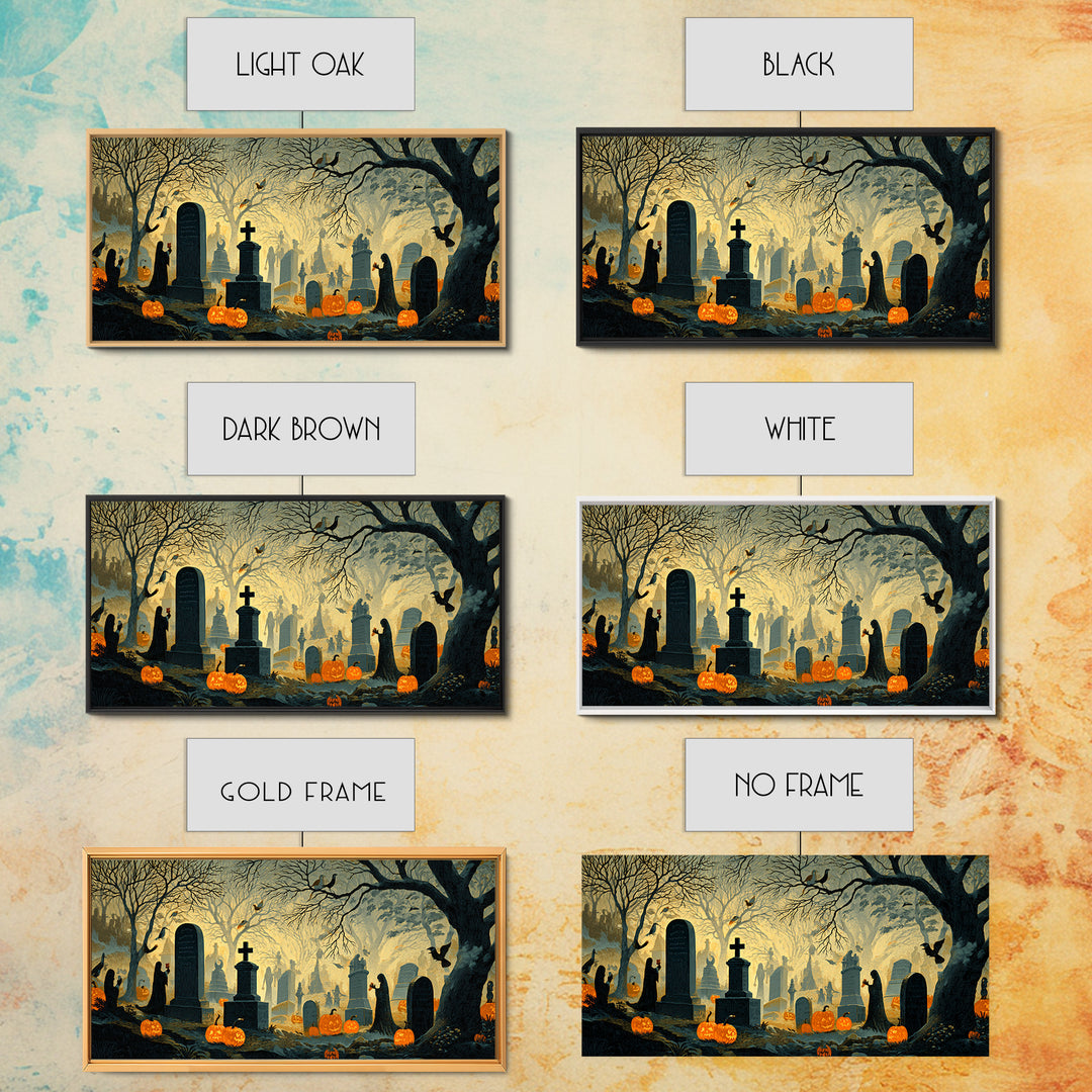 The Moonlit Cemetery, Macabre Folk Print Art, Wide Panoramic Art, Dark Fantasy Wall Art, Canvas Print, Halloween Wall Art
